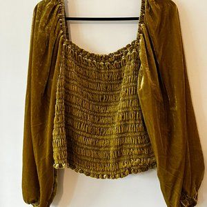 Anthro Velvet Chartreuse Smocked Puff Sleeve Blouse